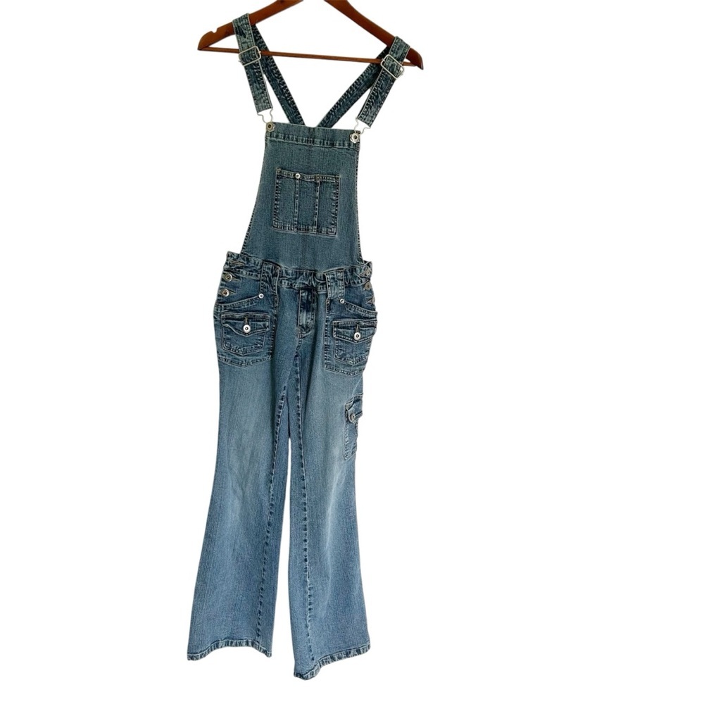 Vintage Y2K Garage Light Blue Distressed Denim Overalls Flared, Cargo Size 1